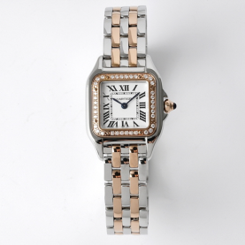 CARTIER 까르띠에 팬더 드 브릴리언트 컷 다이아몬드 핑크골드 스틸 케이스 화이트 다이얼 쿼츠 메탈 시계 W3PN0006