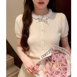 CHANEL 샤넬 1071 카멜리아 넥레이스 리본 로고 반팔 니트 가디건 3COLOR
