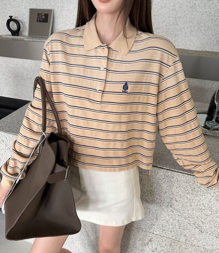 PRADA 프라다 607097 우먼 스트라이프 코튼 저지 폴로 티셔츠